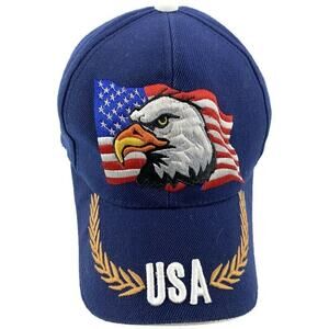 USA Bald Eagle American Flag Ball Cap Embroidered Blue Snapback Adjustable